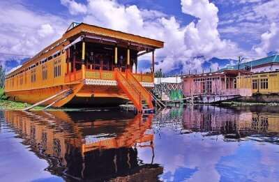 houseboat anchored on Dal Lake in Kashmir, India