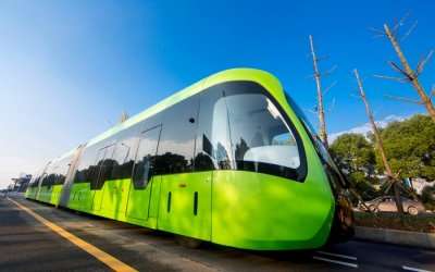 Front view of world's first trackless train in China