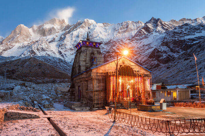 Kedarnath temple lit at night