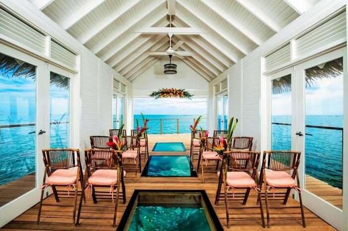Inside the over-the-Water Chapel at Sandals Resorts