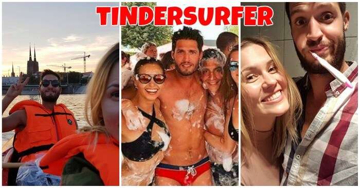 a collage of a man with his Tinder hosts