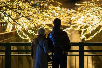 a couple enjoying illumination in tokyo