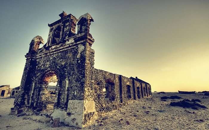 A landscape view of ruins in Dhanushkodi Ghost Town