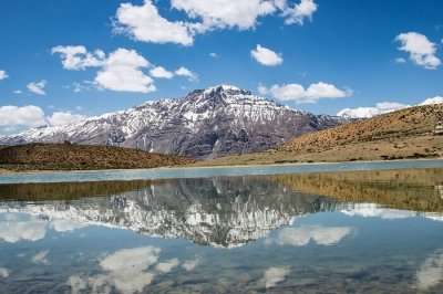 A picturesque view of dhankar lake in Spiti Valley in August