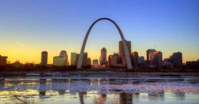 A view of Gateway Arch Park in St. Louis at sunset