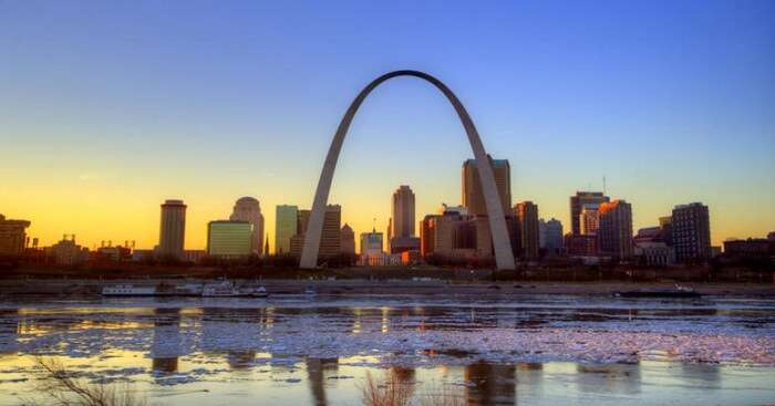 A view of Gateway Arch Park in St. Louis at sunset