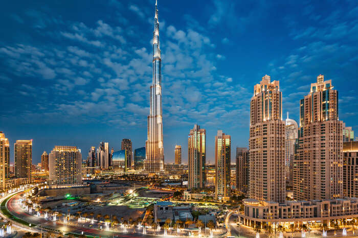 A night view of Burj Khalifa and surroundings in Dubai