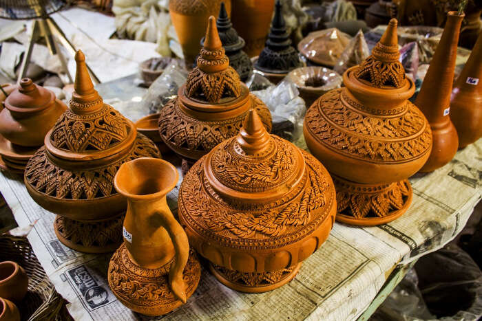 Pottery work displayed for sale in a market