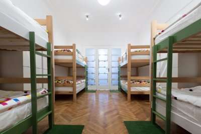 Bunker beds in a hostel room