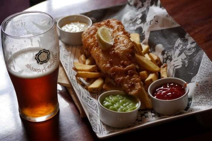 Drink Glass Meal Fish Food Lunch Chips Beer