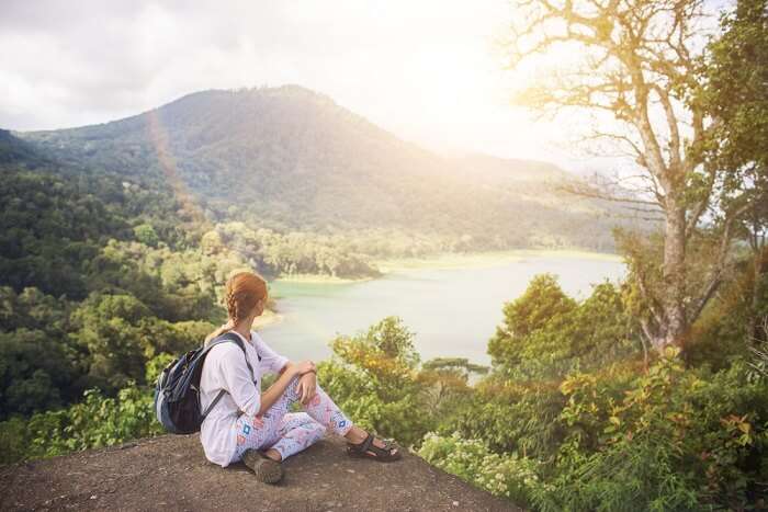 woman looking at the famous mount in Bali