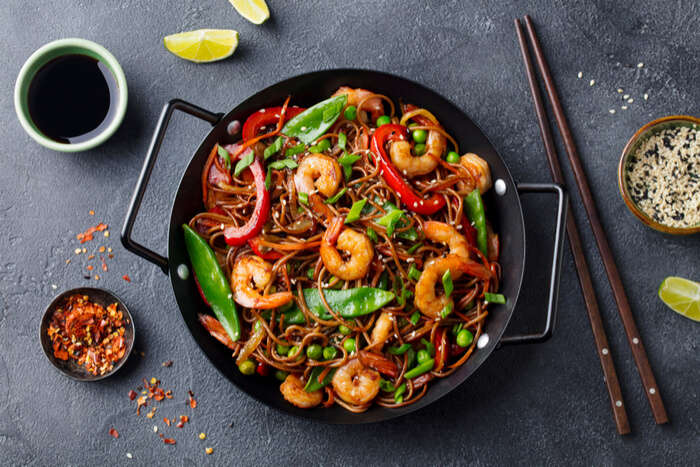 Stir fry noodles with vegetables and shrimp