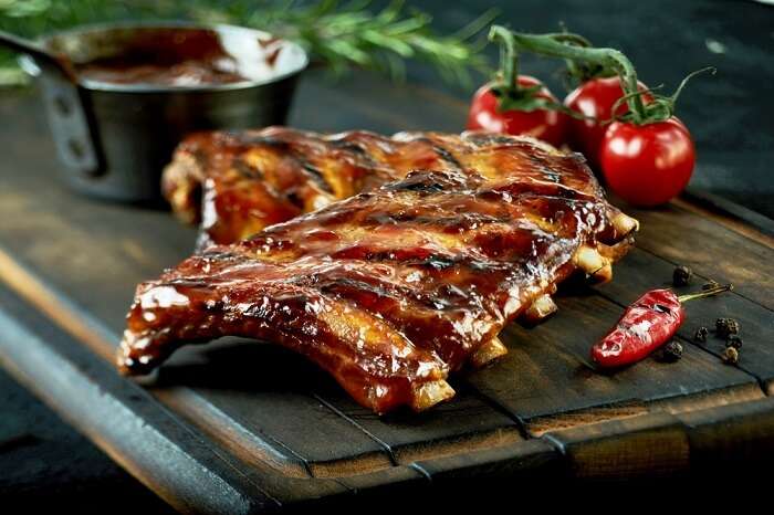 Grilled spare ribs BBQ tomatoes vintage