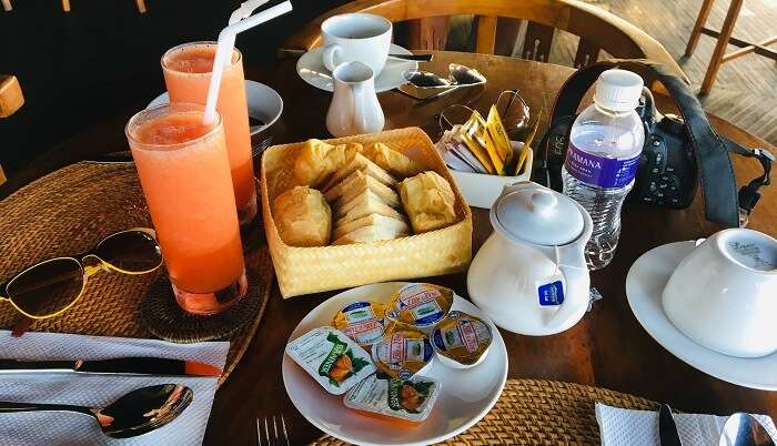 having the delicious breakfast in hotel