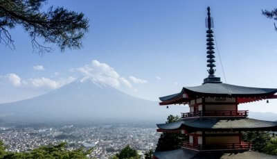 japanese temple with mount Fuji at the backdrop