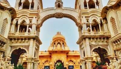 The grand entrance of the Iskcon temple, one of the top places to visit in Mathura.