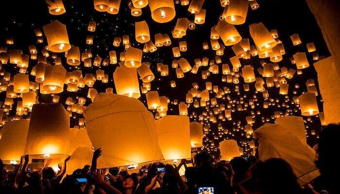 The people of the country release lanterns into the night sky of Taiwan