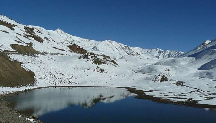 The Suraj Tal Lake is the third highest lake in India and one of the most beautiful places to visit in Spiti Valley in June.