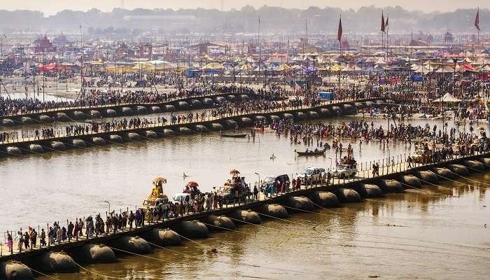 Kumbh Mela in Allahabad, taking place over the River Ganga