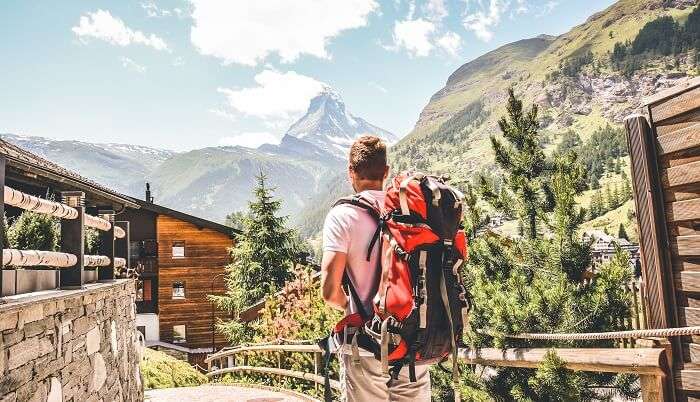 Caucasian man hiking in beautiful Zermatt