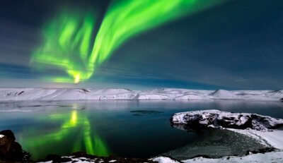 Aurora borealis over Kleifarvatn Lake