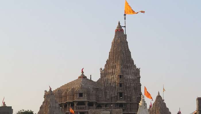 Pictured here is the beautiful exterior of the Dwarkadeesh temple with intricate carvings.