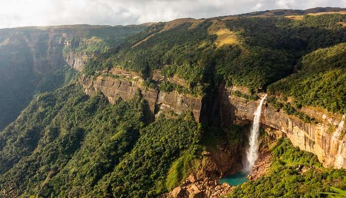 A majestic view of Nohkalikai Waterfalls