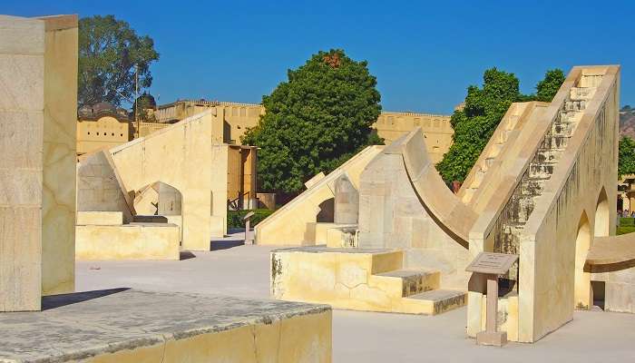 A stunning view of Jantar Mantar observatory, one of the best places to visit in Rajasthan