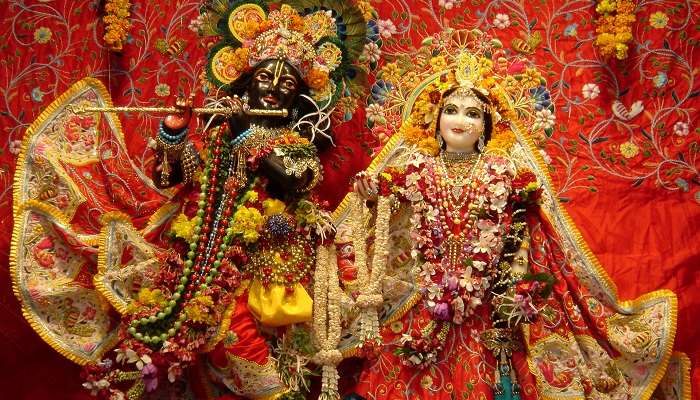 The elegant idols of Shri Krishna and Radha in the Radha Vallabh temple which is among the top places to visit in Mathura.