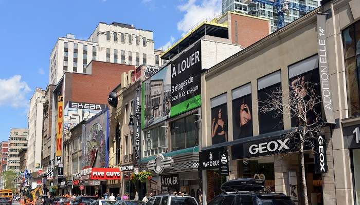 The view of  Sainte Catherine Street, one of the best places to visit in Montreal. 