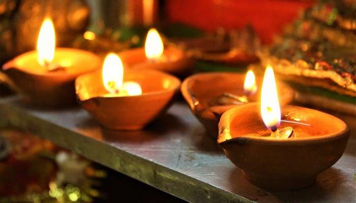 Clay lamps at a temple.