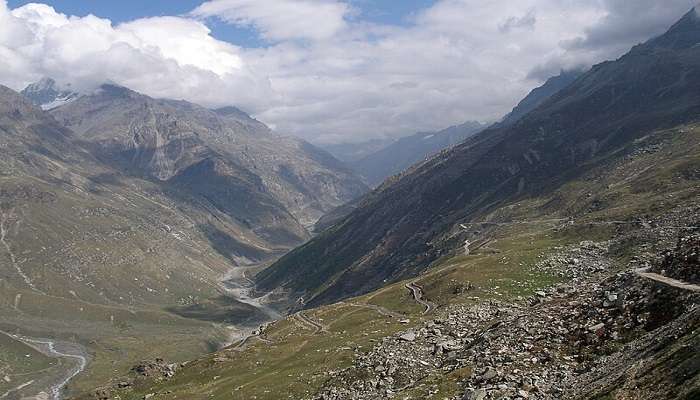 A path cut out of snow near Rohtang Pass