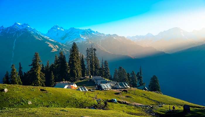 View of camping site in Kasol, one of the best places to visit in India on budget with friends