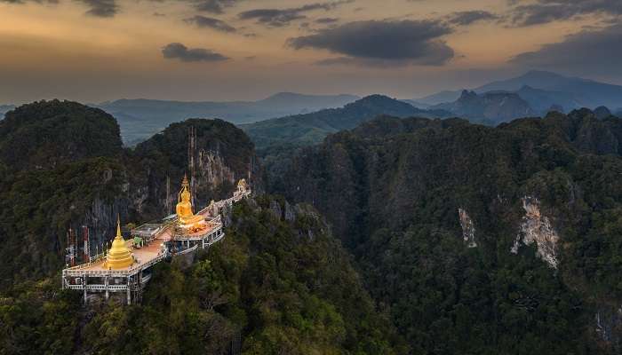 Aerial view of Wat Tham Suea, a well-known temple on a hilltop in Krabi