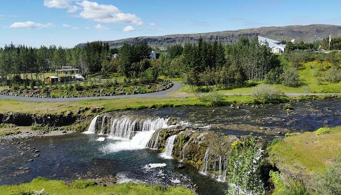 Pictured here is a waterfall in Iceland in July which flow torrentially at this time.