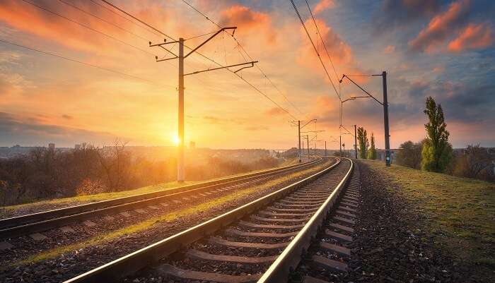 Railway Station Against Beautiful Sky Sunset