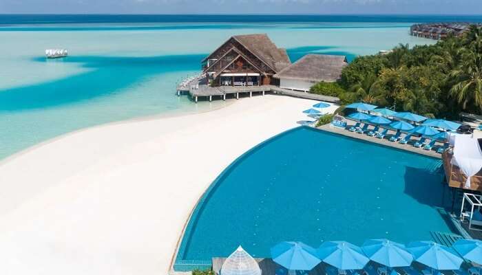 An aerial view of Anantara Dhigu Maldives Resort