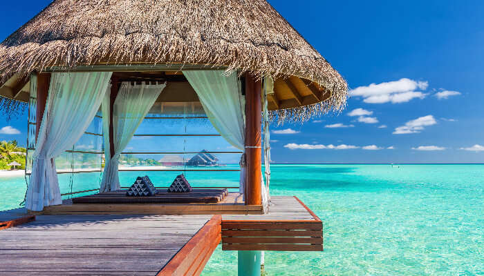 A landscape view of a resort in the Maldives