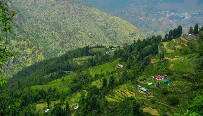 aerial view of the city of Dhanaulti, one of the best places to visit in India