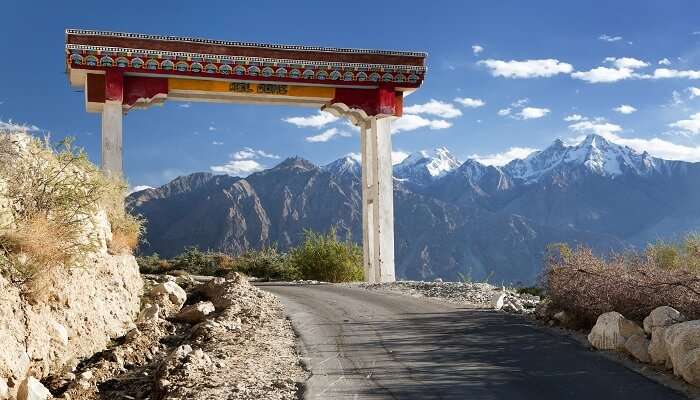 Entrance gate of a monastery during the journey from Leh to Nubra Valley