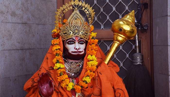 A close-up of Hanuman Ji, the main idol in the Bade Hanuman Ji Temple, one of the top places to visit in Moradabad