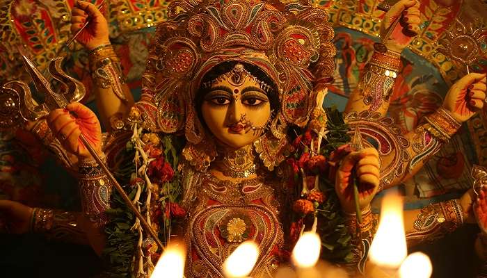 Grand statue of Maa Durga adorned in beautiful saree