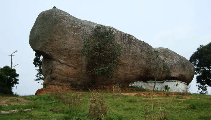 A rock at Bilikkal Rangaswami Betta containing Lord Rangaswami Temple, one of the famous tourist places in Kanakapura