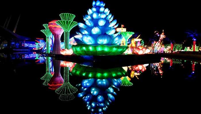 A view of Glow Garden at night, one of the must-visit tourist places in Siddipet