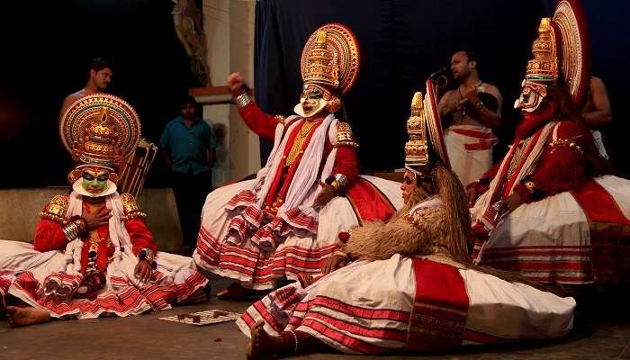 Kathakali artists perform on stage in Thiruvalla