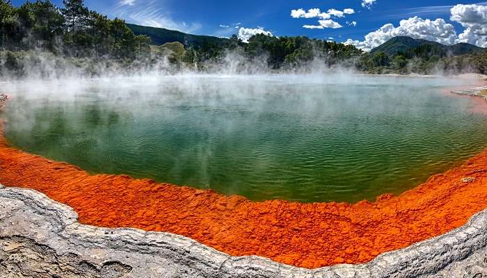 Panoramic view of thermal lake at one of the best city to visit in new zealand in winter