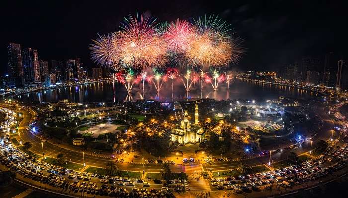 An amazing night view of Al Majaz Waterfront in Sharjah with fire works