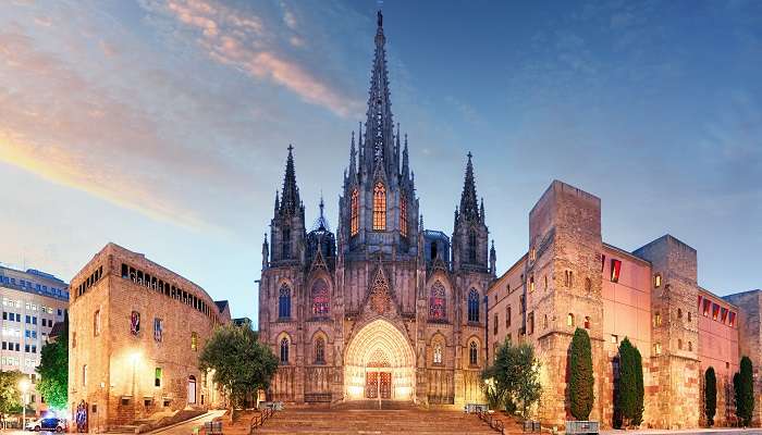 Vue nocturne de la cathédrale gothique de Barcelone