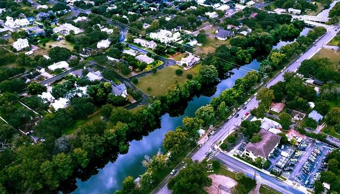 The breathtaking aerial view of the Guadalupe River in one of the small towns in Texas, Boerne