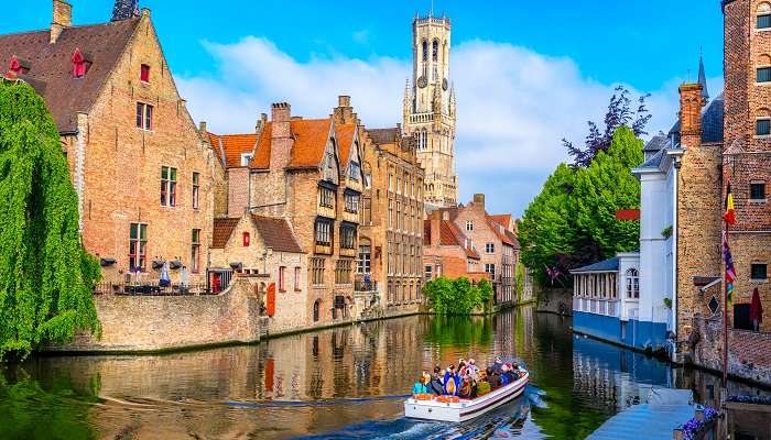 A classic scene of the historic centre with a canal in one of the small towns in Belgium, Bruges